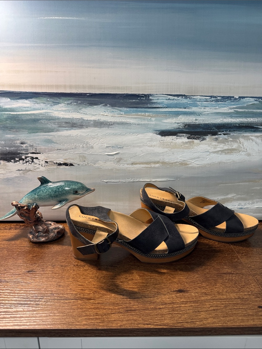 Lucky Brand - Black Crisscross Suede Wedge Sandals